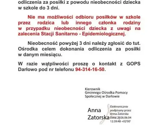 GOPS Darłowo: zasady odliczeń za posiłki szkolne w Starym Jarosławiu