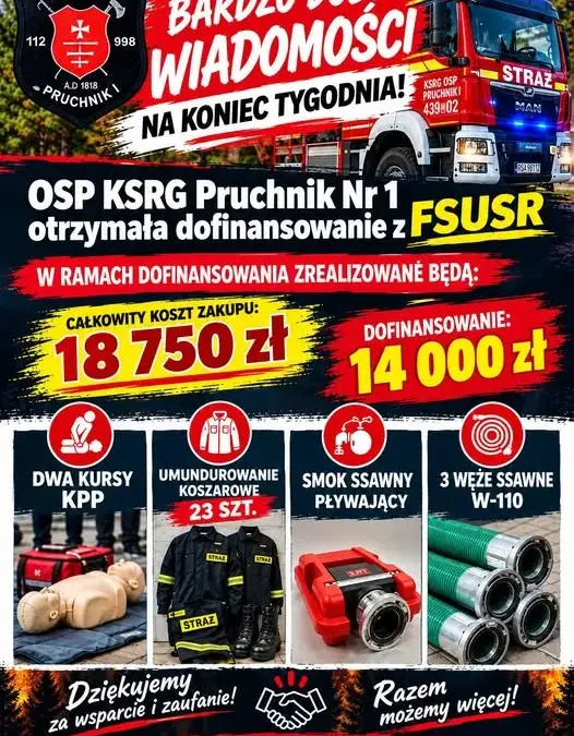 OSP KSRG Pruchnik nr 1 otrzymała 14 000 zł dofinansowania na szkolenia i sprzęt