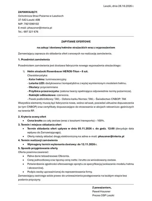 OSP Laszki szuka dostawcy hełmów strażackich – oferty do 8 listopada